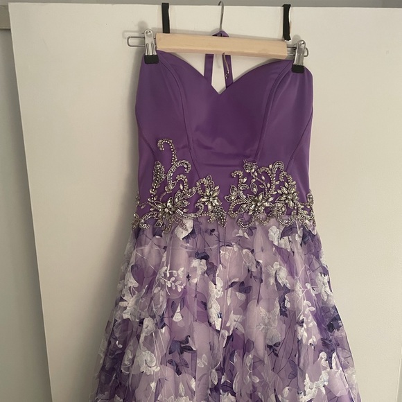 Prom pageant Splash Purple Floral Strapless Dress gown sz 8 back drawstrings - Picture 4 of 13